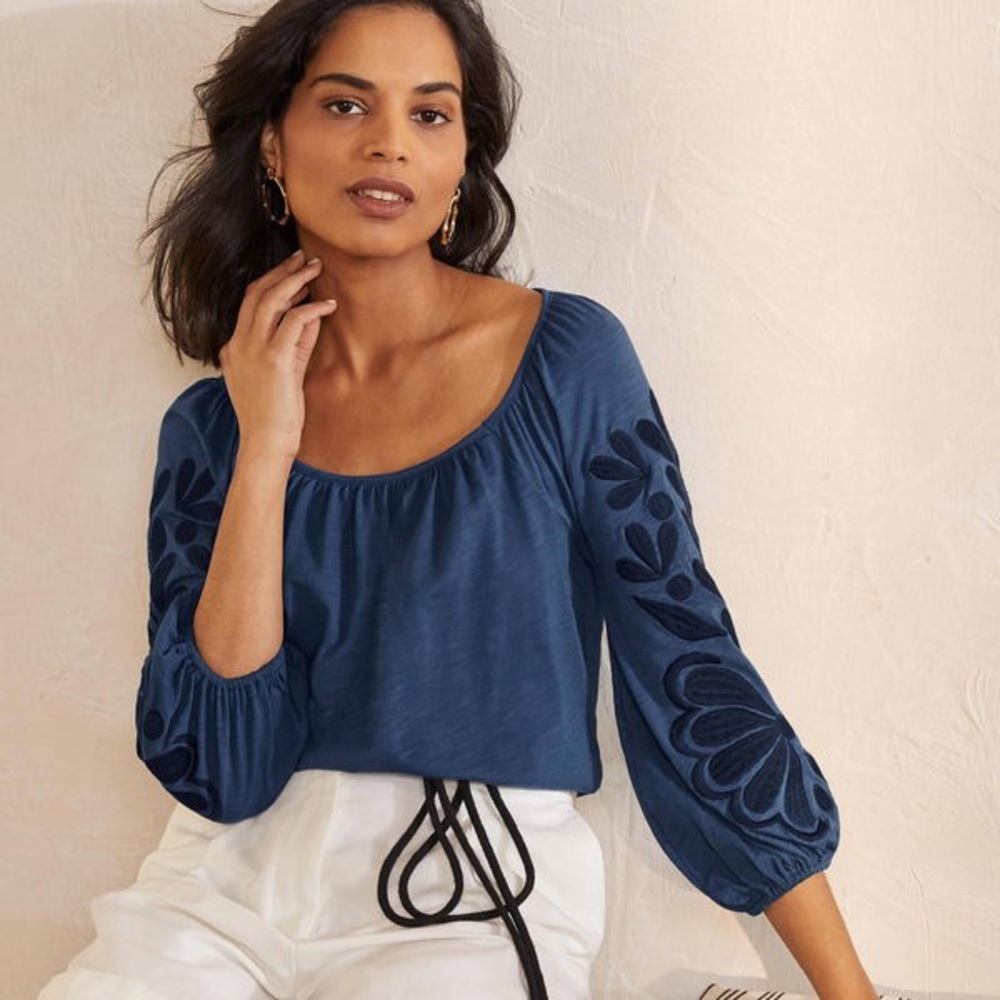 Boden Hayden Embroidered Puff Long Sleeve Peasant Navy Blue Small Cotton Blouse